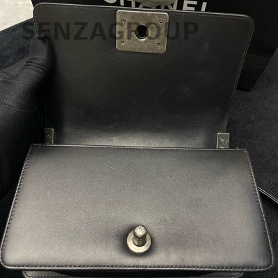 Chanel Black Silver Calfskin Small Le Boy Chain Shoulder Crossbody Bag