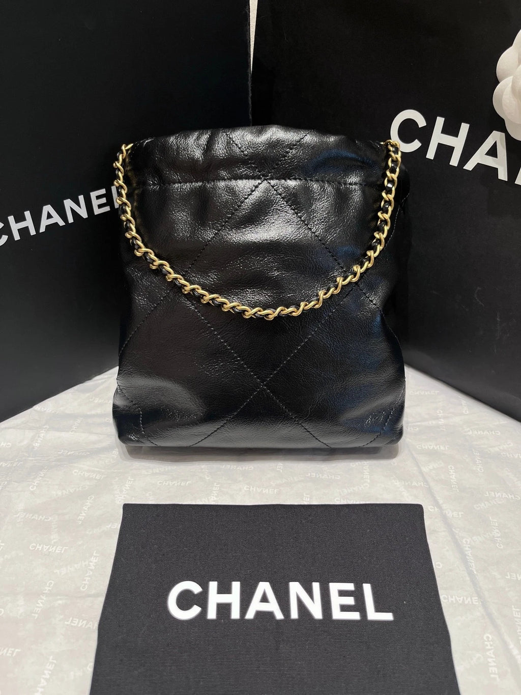 CHANEL Black Gold Calfskin 22 Shoulder Bag For Women