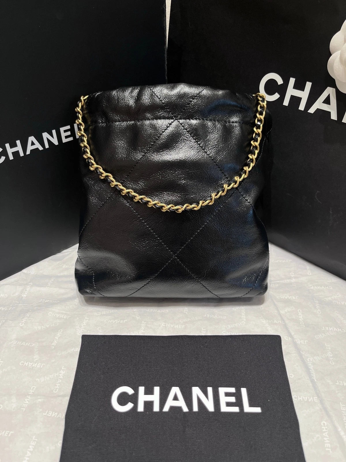 CHANEL Black Gold Calfskin 22 Shoulder Bag For Women