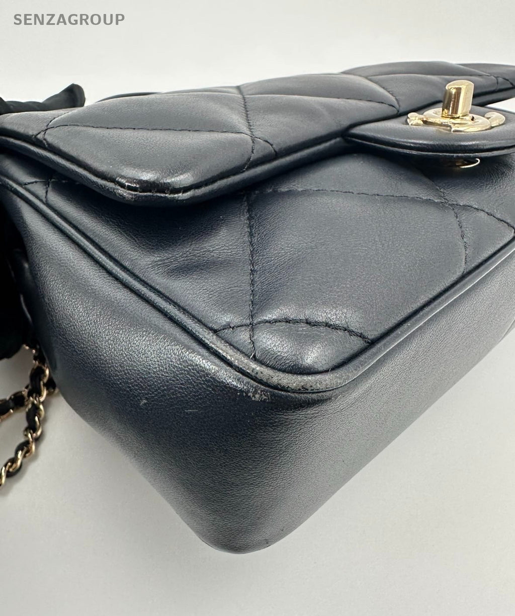 Chanel Classic Flap Mini Lambskin Top Handle Chain Crossbody Navy Gold Women