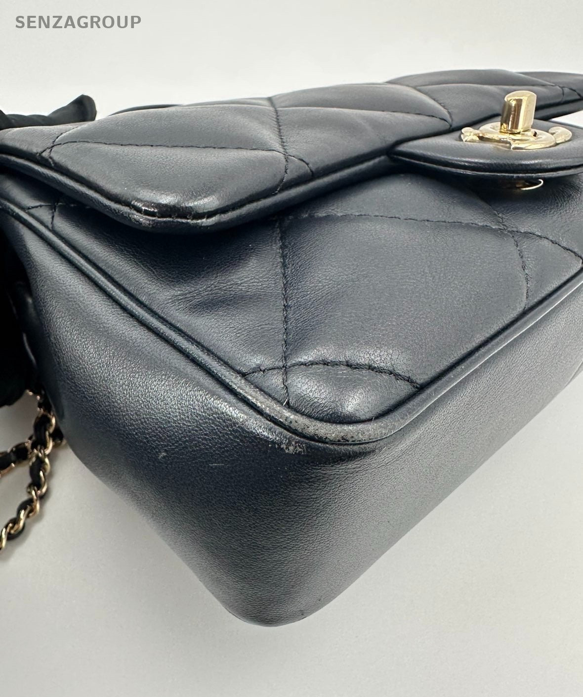 Chanel Classic Flap Mini Lambskin Top Handle Chain Crossbody Navy Gold Women