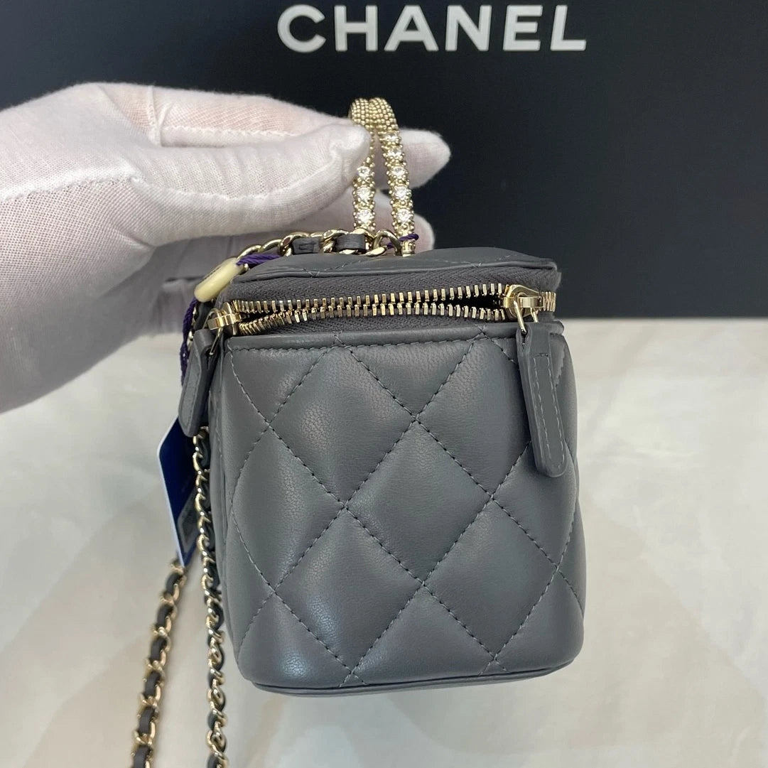 Chanel Long Box Gold Chain Gray Top Handle Crossbody Chip Version Excellent
