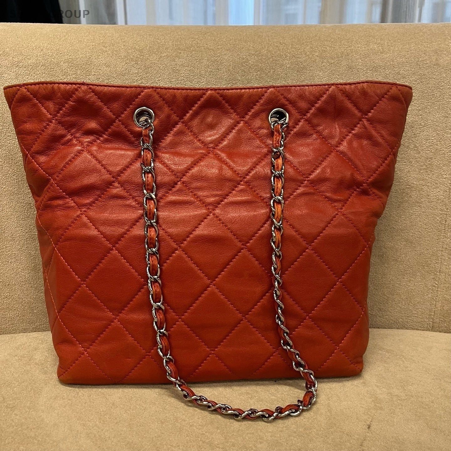 CHANEL Vintage Tote Diamond Pattern Chain Shoulder bag Red Silver Women