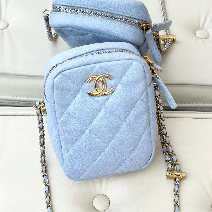 Chanel Calfskin Diamond Chain Crossbody Blue Gold Used Women Classic S