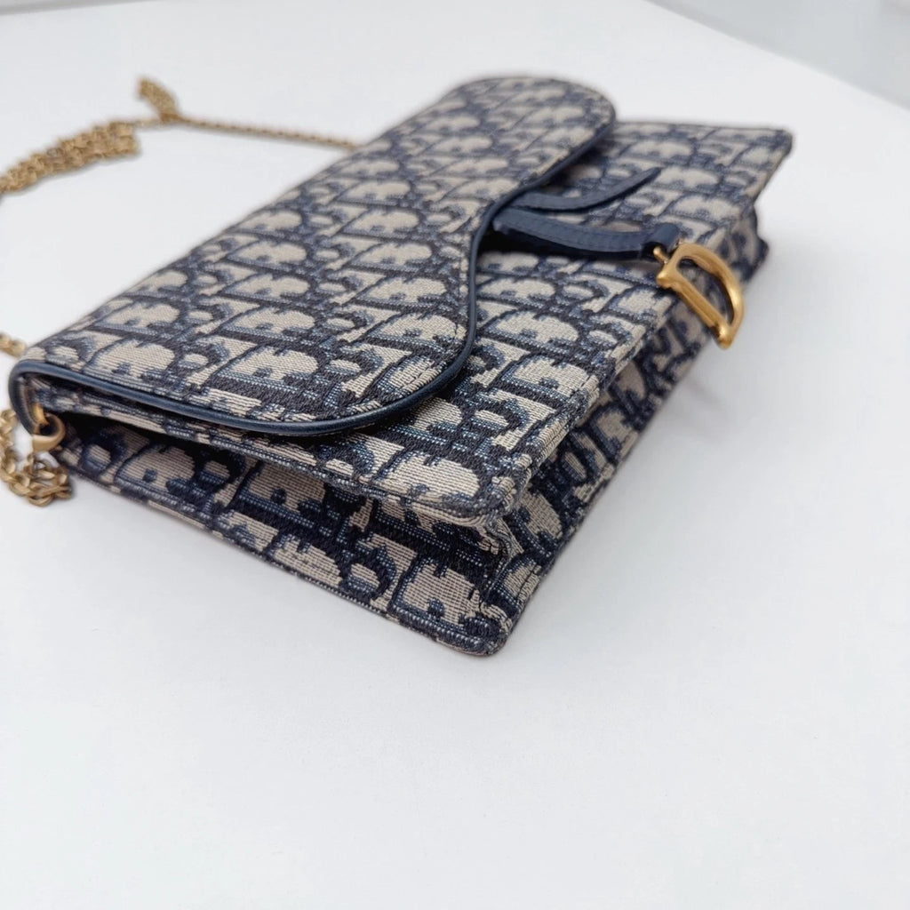Christian Dior Oblique Canvas WOC Gold Chain Navy Shoulder Bag Crossbody