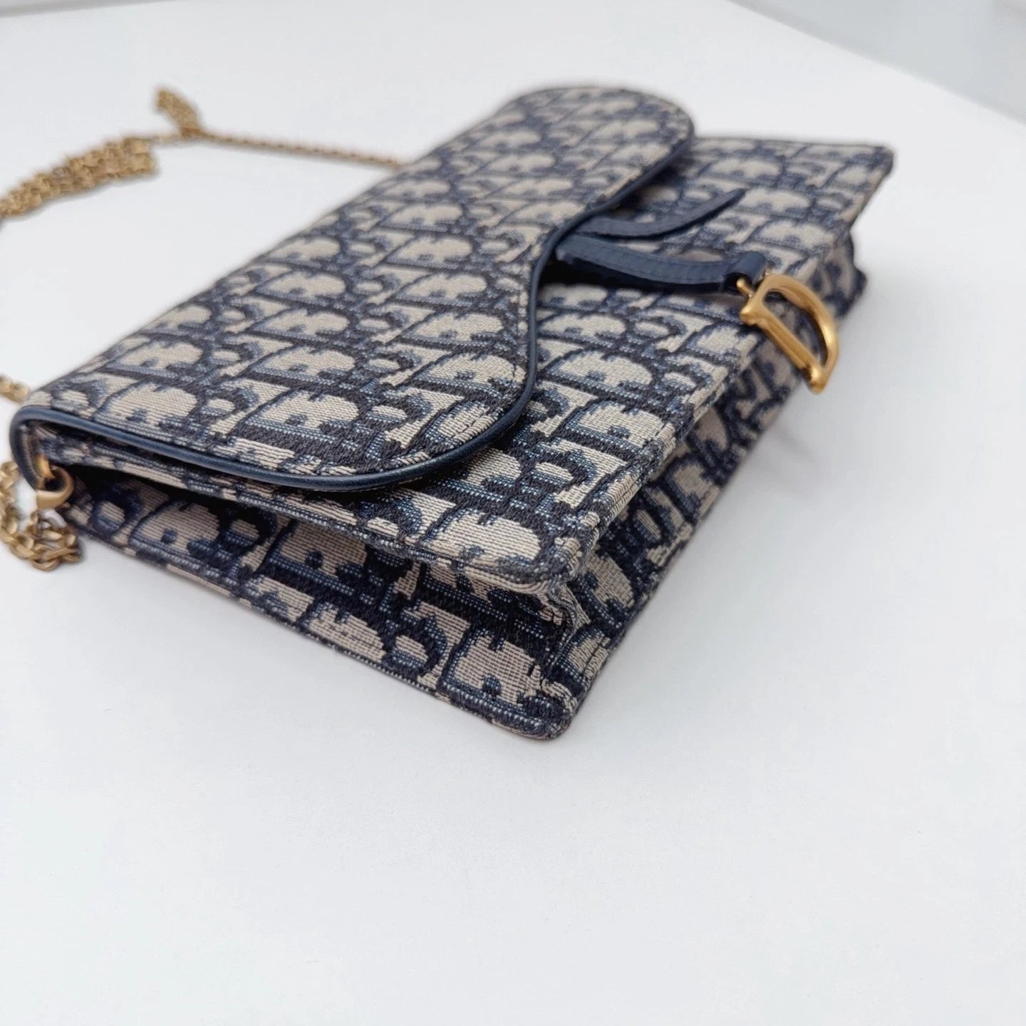 Christian Dior Oblique Canvas WOC Gold Chain Navy Shoulder Bag Crossbody