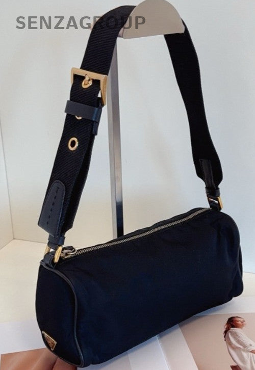Prada Canvas Baguette Cylinder Armpit Shoulder Bag Black Women
