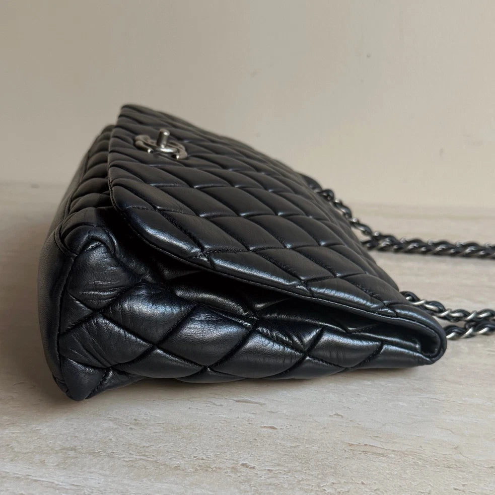 Chanel Classic Flap Puff Diamond Silver Chain Black Shoulder Bag Turn Lock