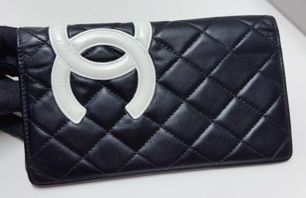 Chanel Cambon Line Long Wallet Black White Diamond Used Women Classic