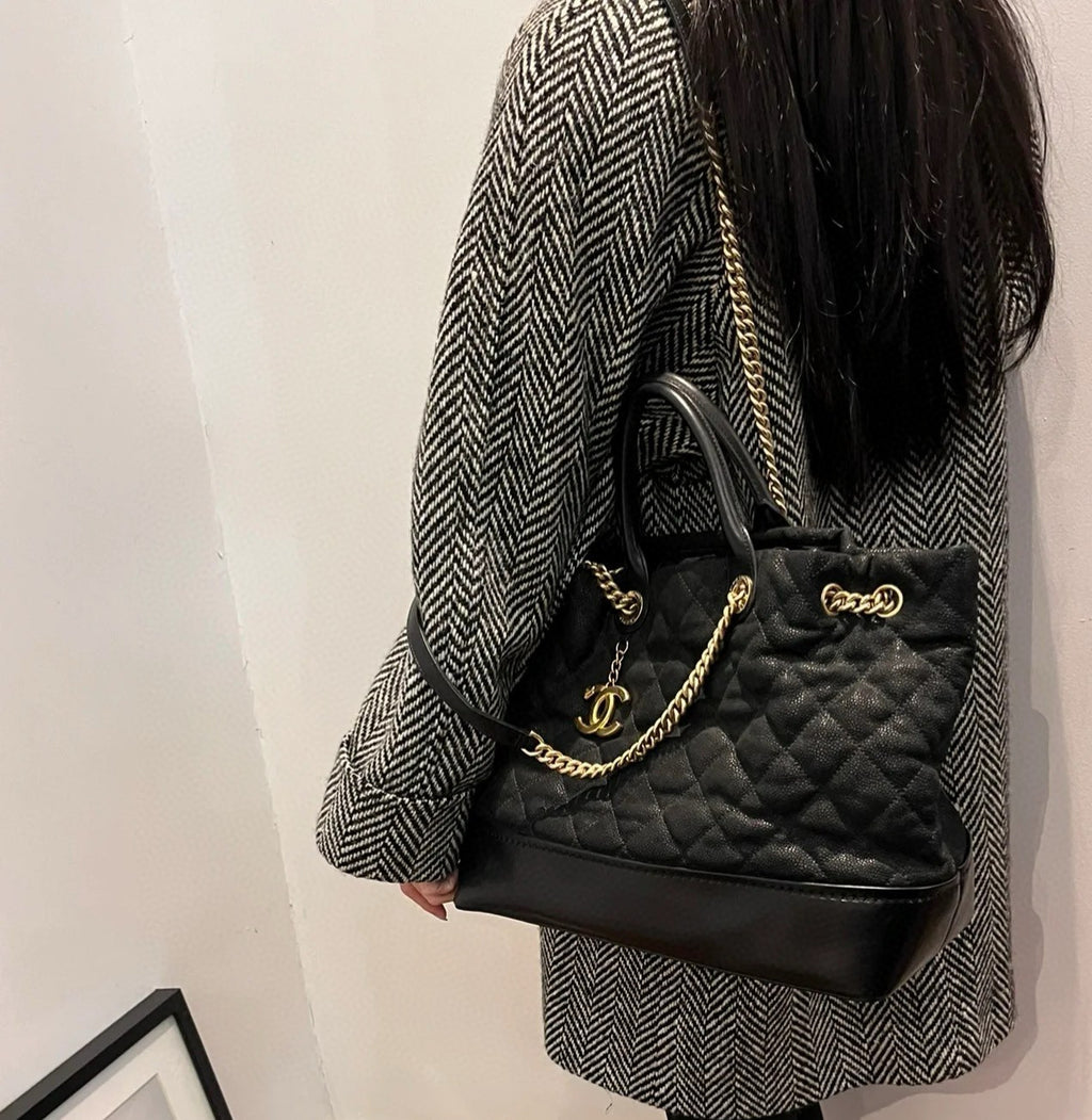CHANEL Classis tote Calfskin Shoulder Handbag Chain Strap Black Gold WOMEN