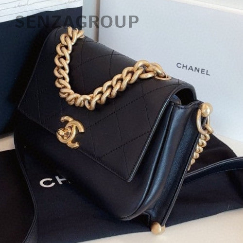 Chanel Cuba Calfskin Chain Top Handle Bag Crossbody Black Gold Women Classic