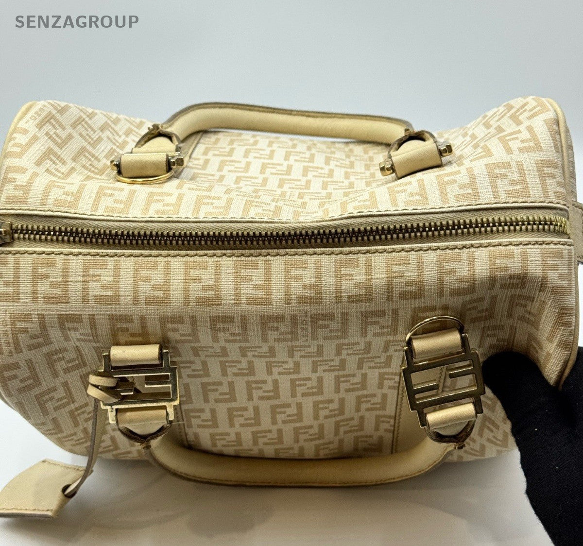 Fendi FF Boston Top Handle Bag Beige Gold Used Women Classic Fashion