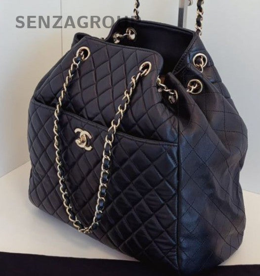 Chanel Diamond Chain Bucket Shoulder Bag Crossbody Black Gold Women Classic