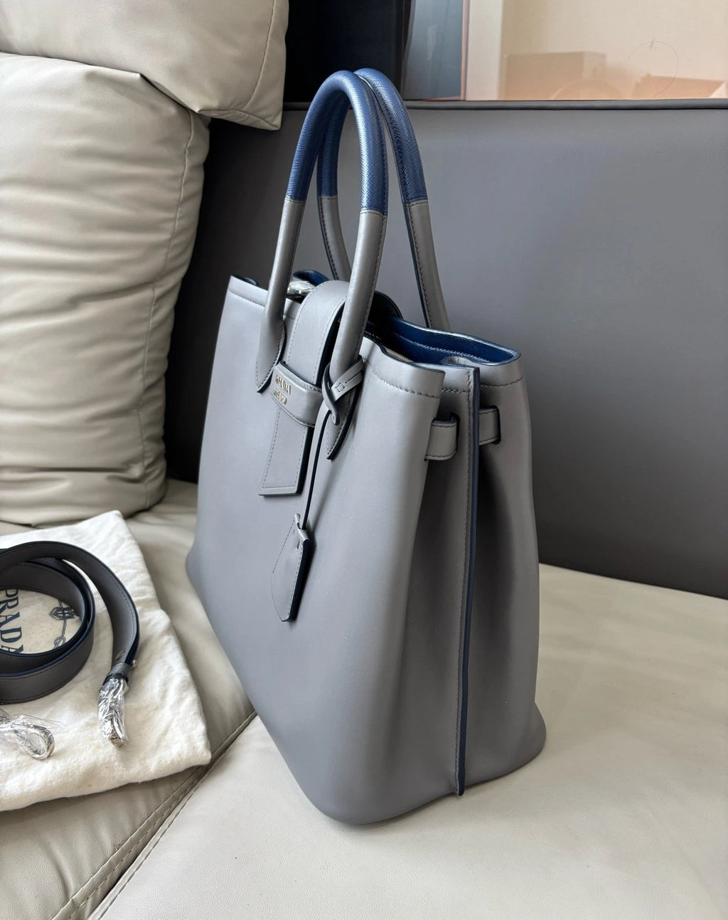 Prada Double Bag Calfskin Top Handle Shoulder Bag Gray Silver Women Classic