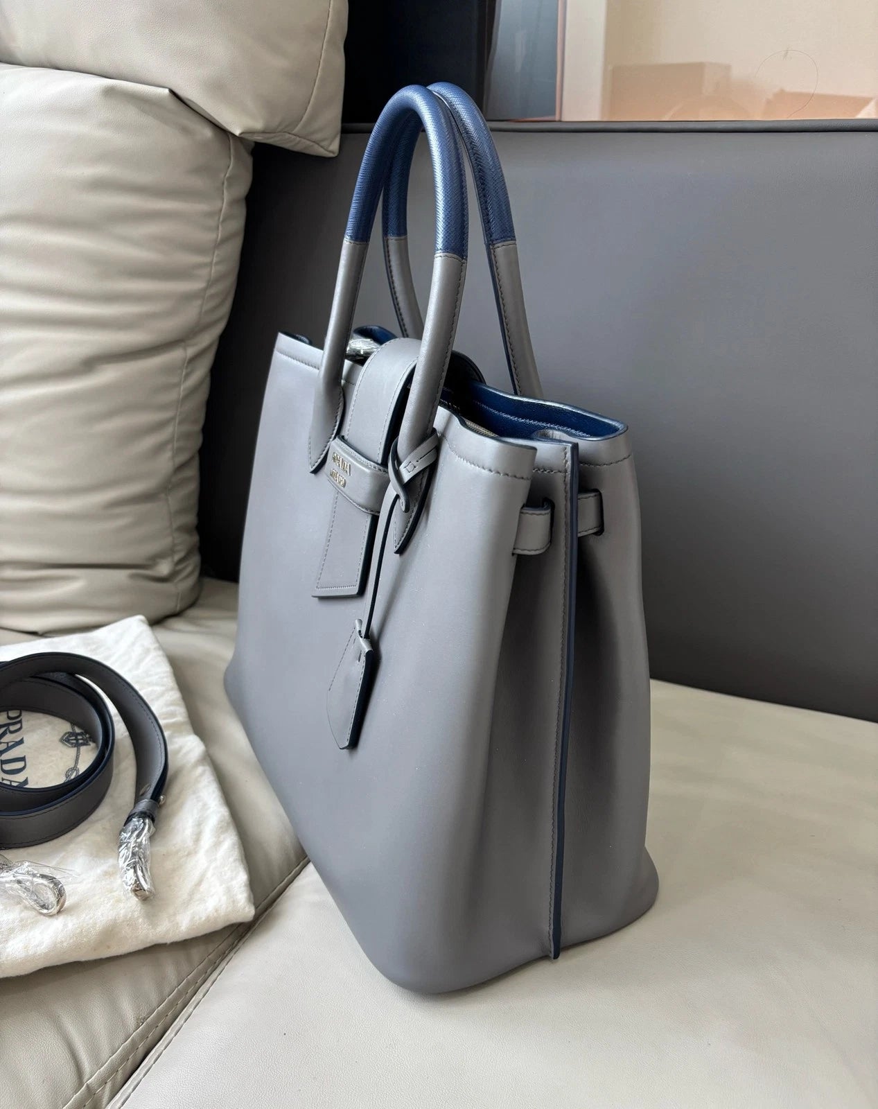 Prada Double Bag Calfskin Top Handle Shoulder Bag Gray Silver Women Classic