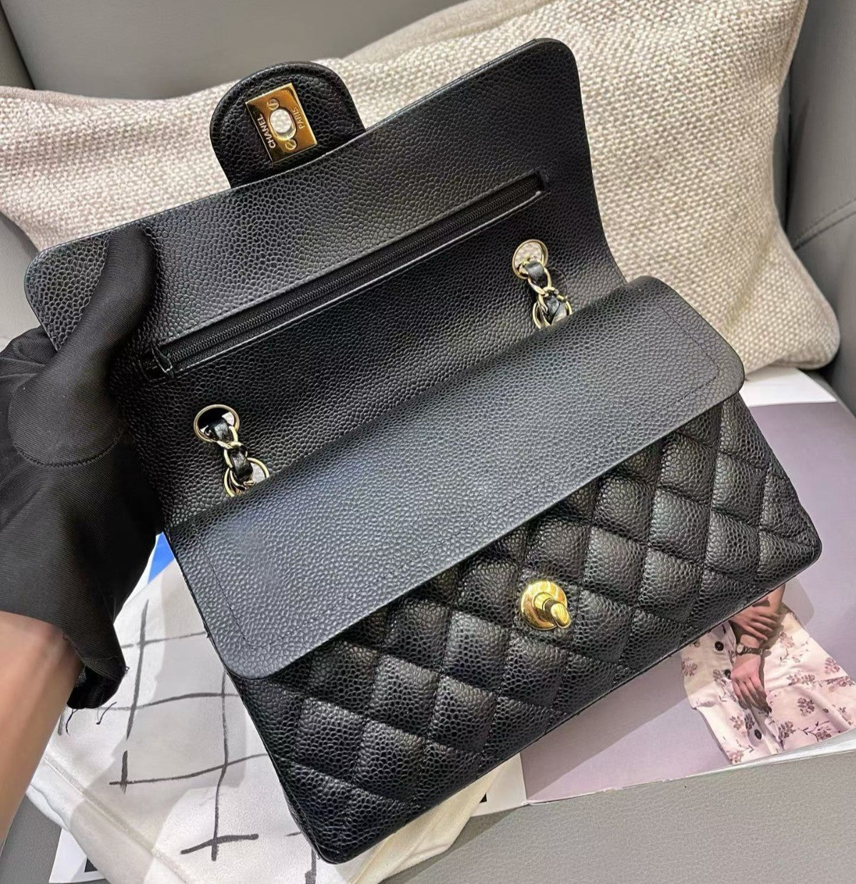 Chanel Classic Flap PM Chain Calfskin Shoulder Crossbody Black Gold Women