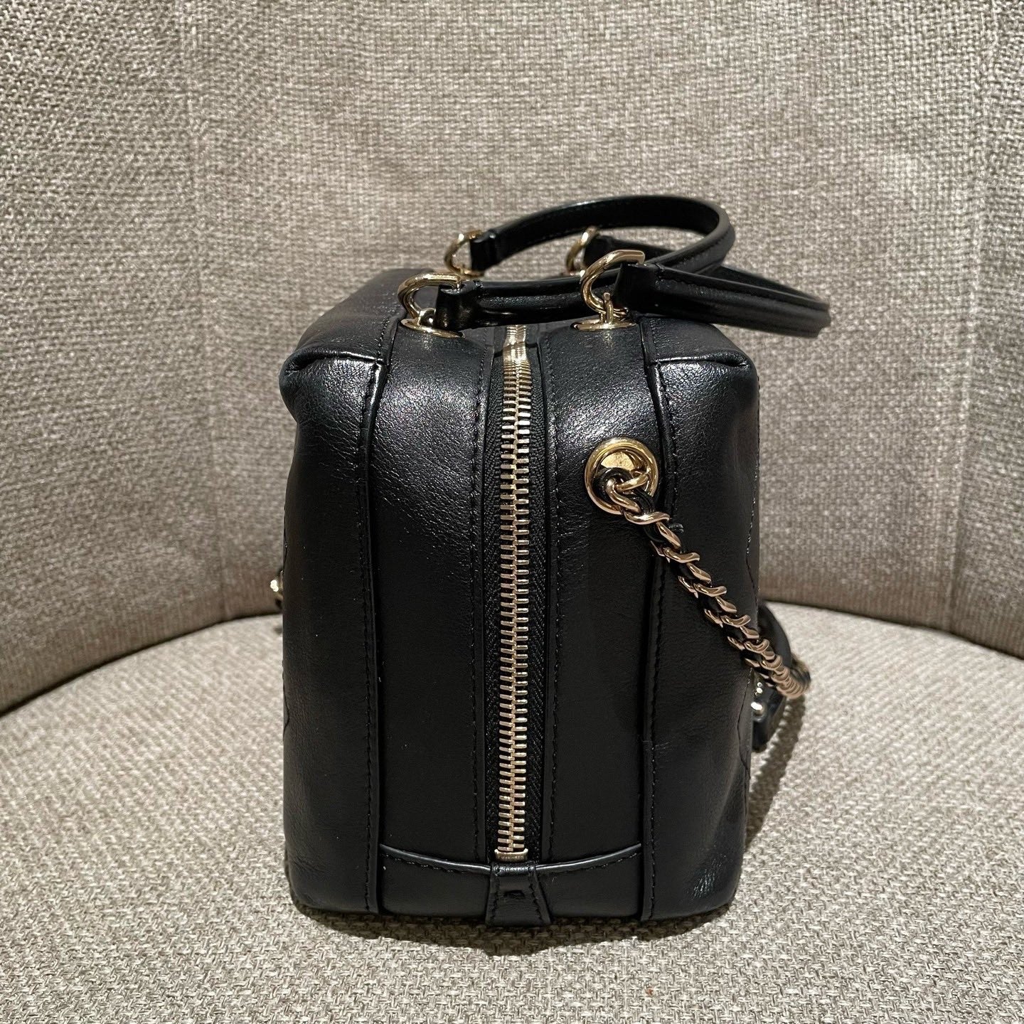 Chanel Calfskin Diamond Box Top Handle Shoulder Bag Black Gold Women Classic
