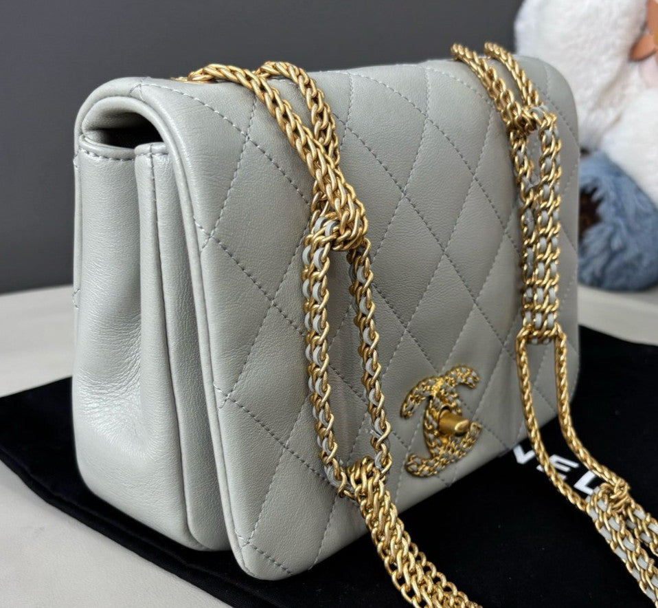 Chanel Diamond Double Chain Shoulder Bag Gray Gold Women Classic Fashion