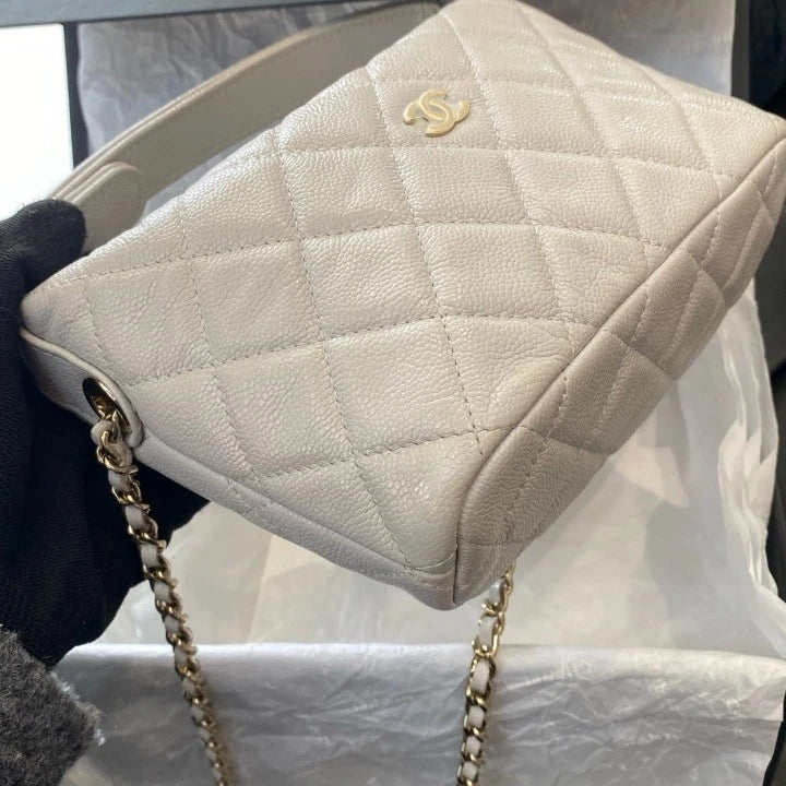 Chanel Calfskin Hobo Top Handle Bag Chain Crossbody White Gold Diamond Women D