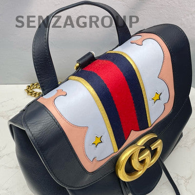 Gucci Black Leather Marmont Chain Backpack Gold Buckle Women's Fashion