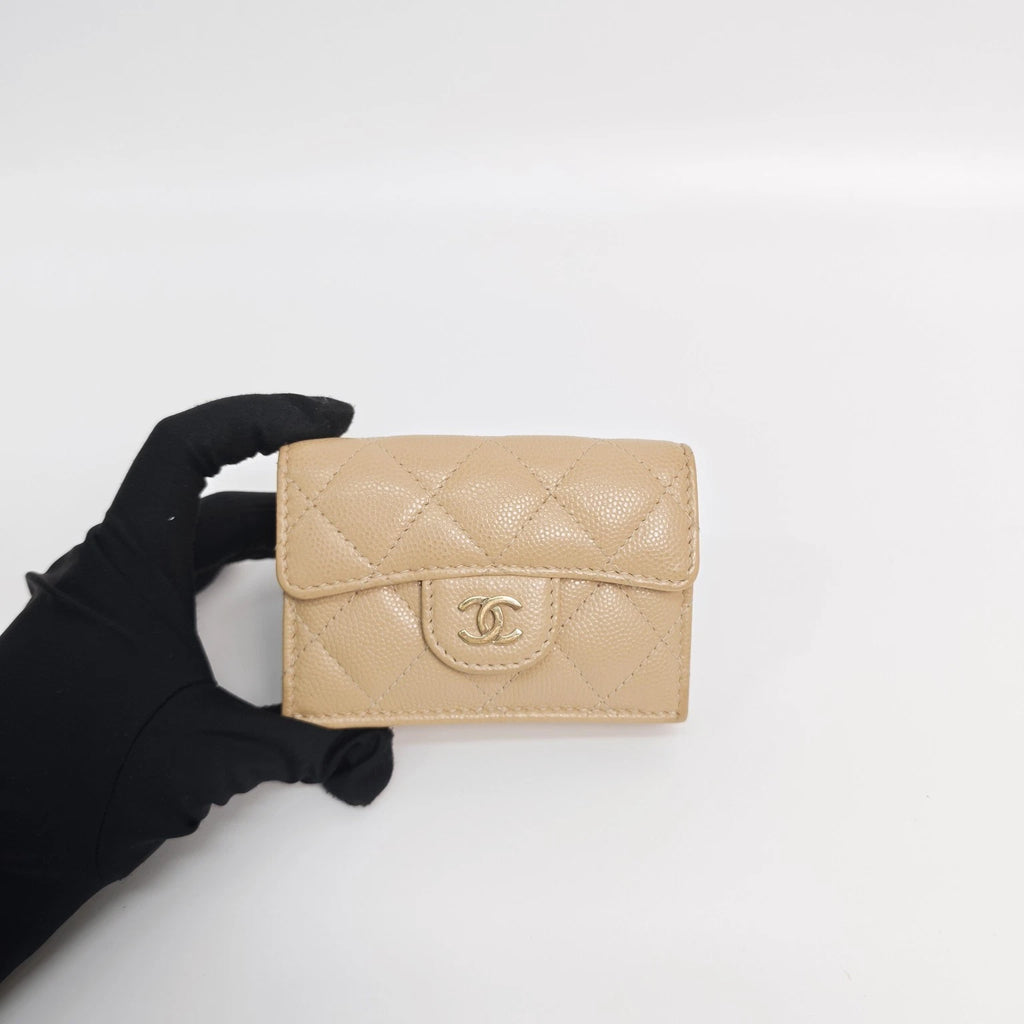 Authentic CHANEL Beige CF Gold Buckle Trifold Short Wallet Card holder For Women