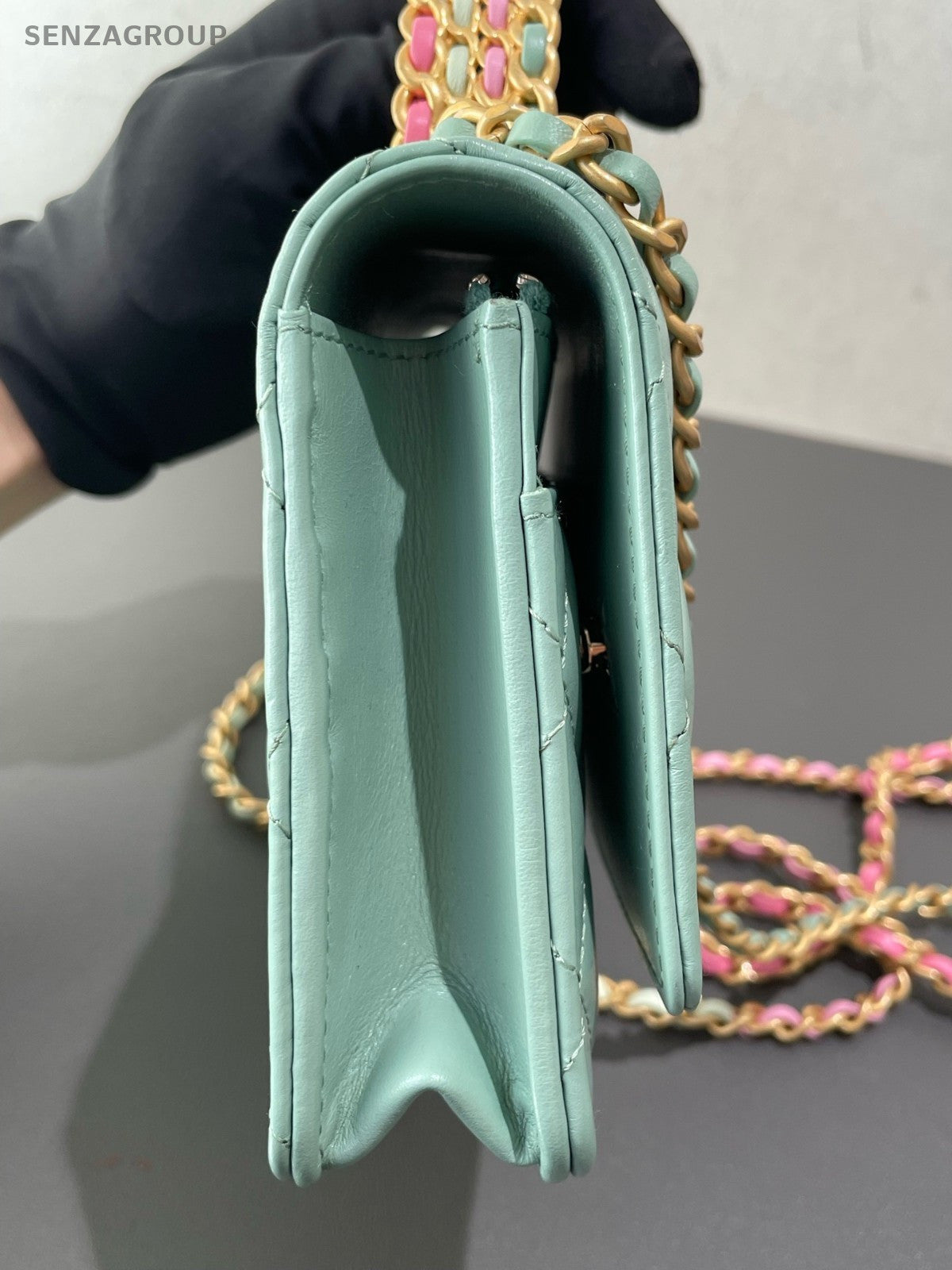 Chanel WOC Diamond Rainbow Chain Top Handle Bag Crossbody Green Gold Women