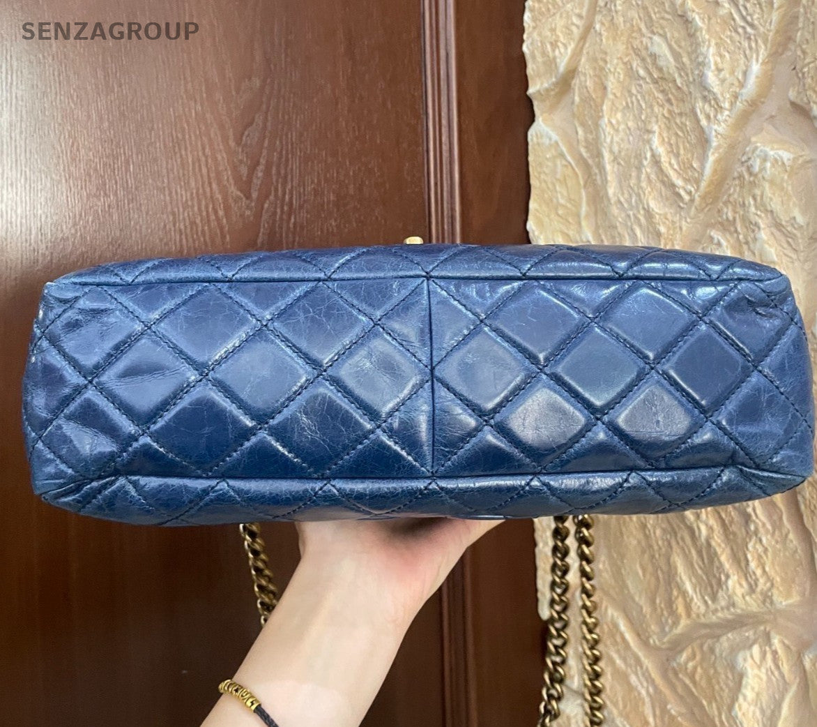 Chanel Flap Bag Calfskin Top Handle Bag Chain Crossbody Blue Gold Women Fashion