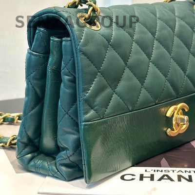 Chanel Classic Flap Bag Green Gold Hardware Quilted Chain Shoulder Bag