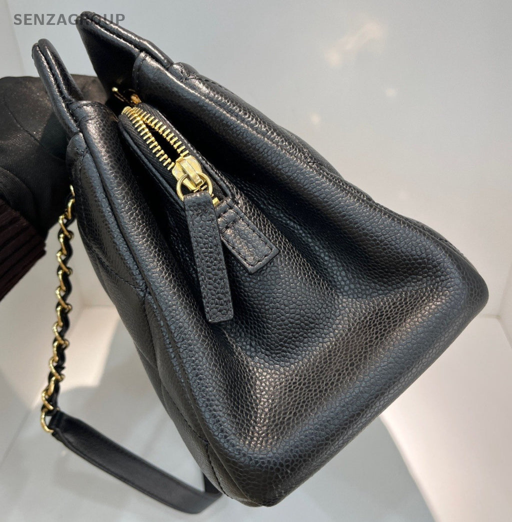 Chanel Calfskin Tote Chain Shoulder Bag Black Gold Diamond Women CC Logo Classic