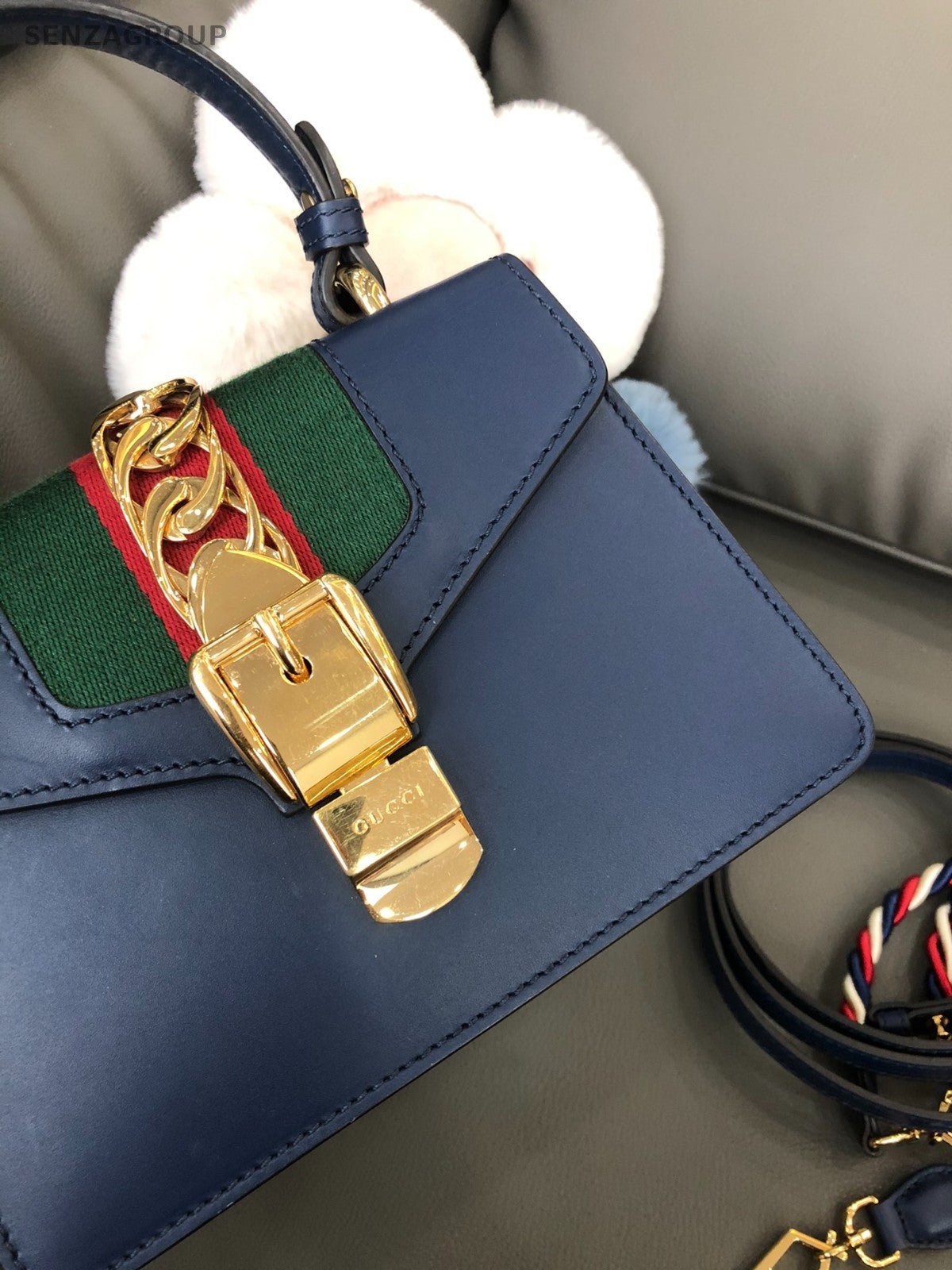 GUCCI Sylvie PM Top Handle 2way Shoulder Handbag Women Crossbody Blue and gold