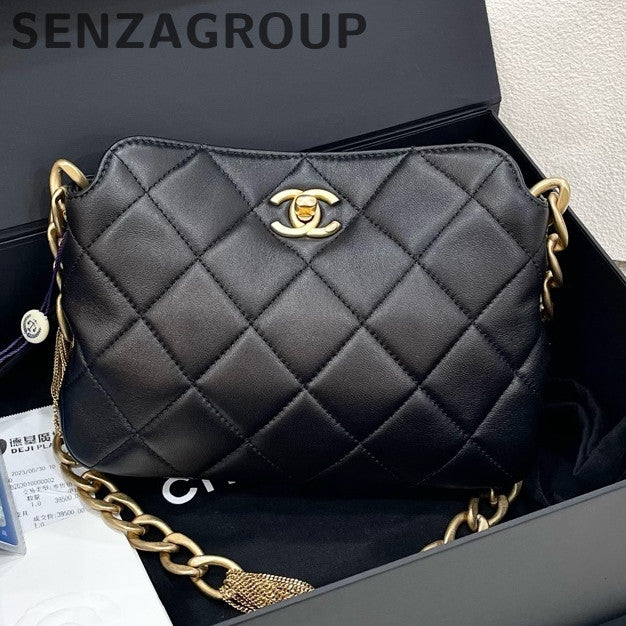 Chanel Fringe Chain Hobo Shoulder Bag Black Gold Classic Fashion Women