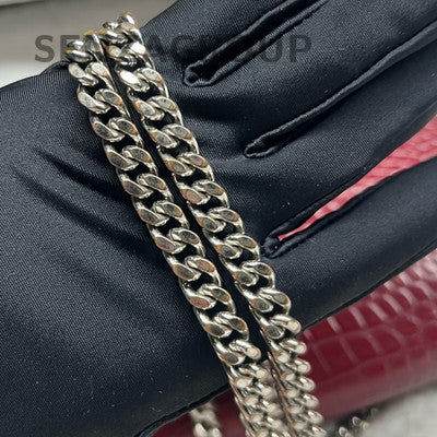Saint Laurent Crocodile Embossed Fringe Bag Red Silver Chain Crossbody