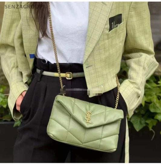 YSL Saint Lauren Puffer PM Quilted Lambskin Shoulder Crossbody Bag Green Women