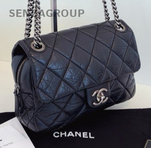 Chanel Classic Flap Chain Shoulder Bag Black Silver Diamond Used Women Fashion