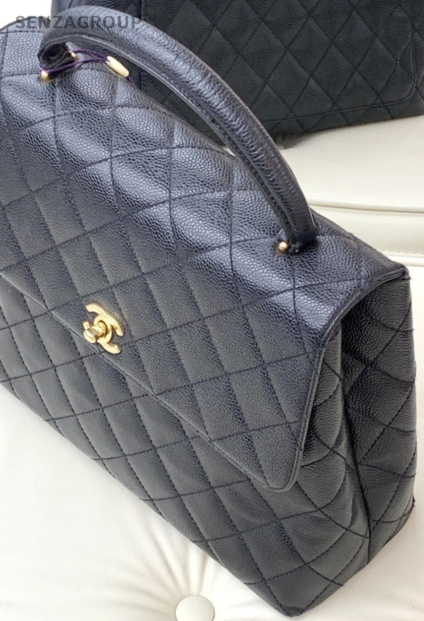 Chanel Vintage Kelly Caviar Leather Handbag Top Handle Bag Women Black