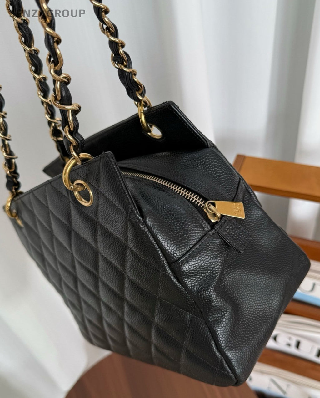 CHANEL PPT Caviar CC Chain Shoulder Handbag Black Gold Women tote