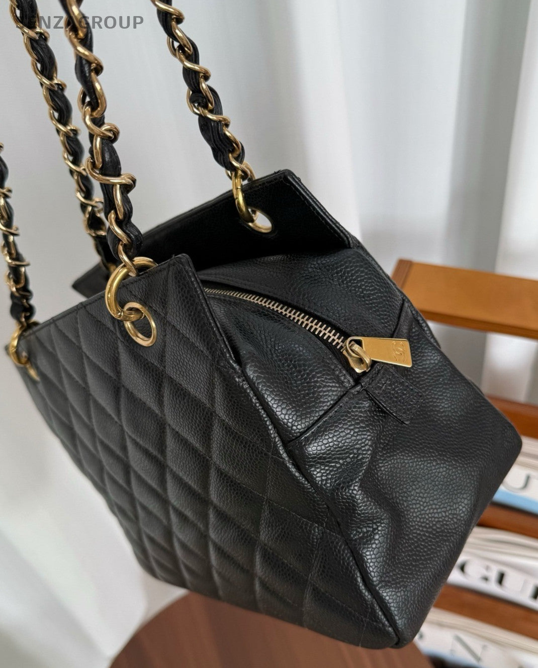 CHANEL PPT Caviar CC Chain Shoulder Handbag Black Gold Women tote