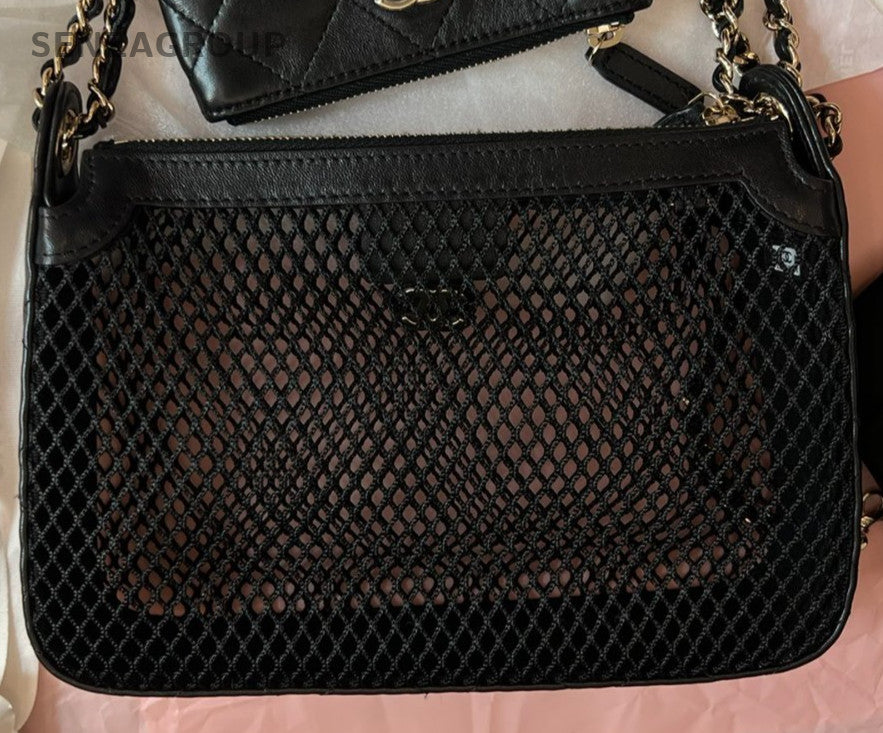 Chanel 25S Chain Lacework Shoulder Bag Black Gold Used Women Classic Designer
