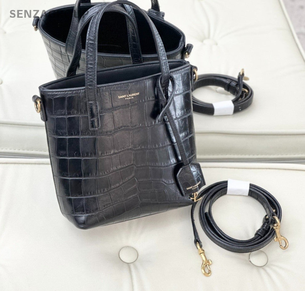 YSL Saint Laurent Embossed Calfskin Top Handle Shoulder Tote Bag Women Black