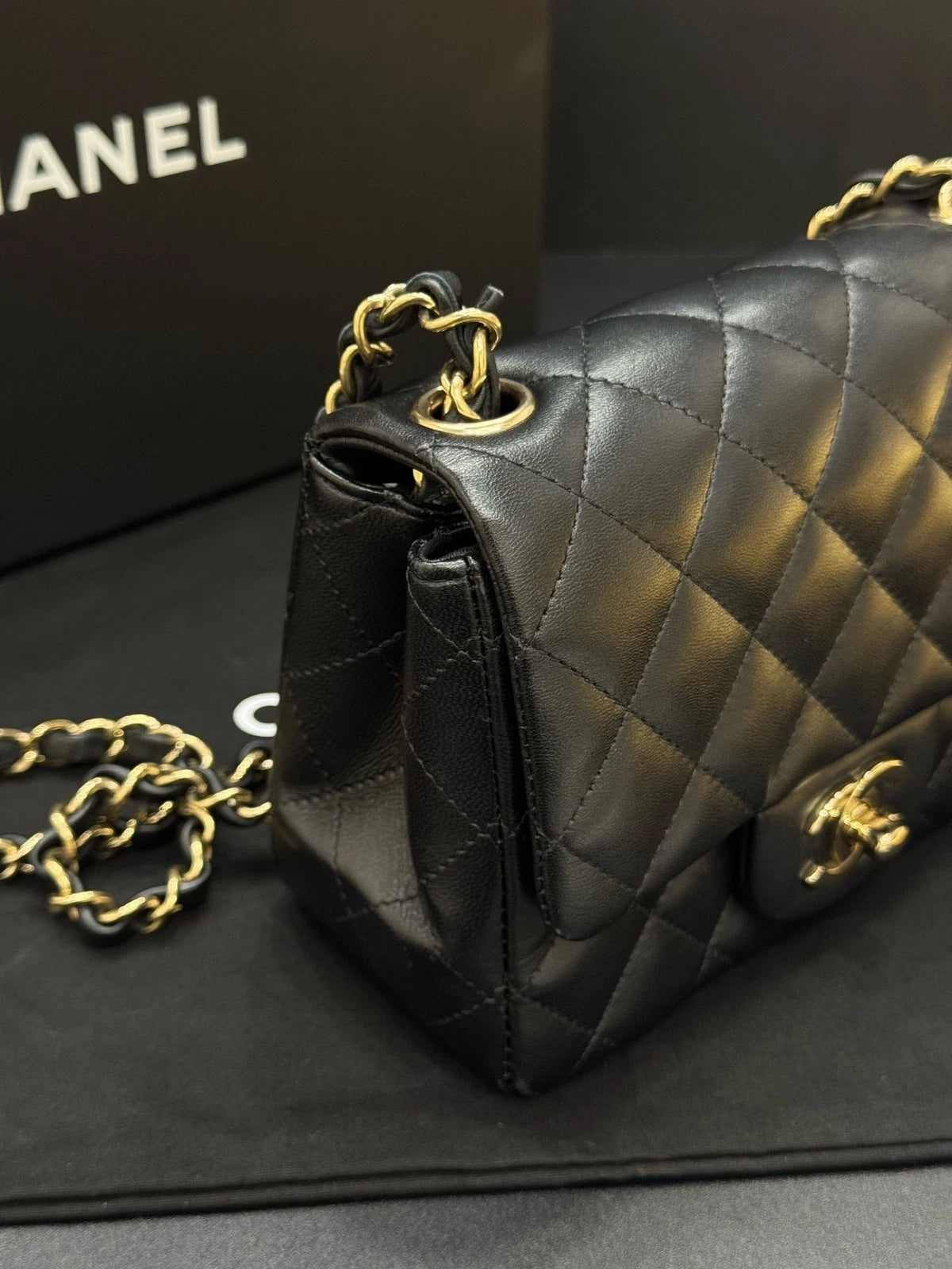 CHANEL Black Gold Lambskin Square Mini Chain Bag For Women