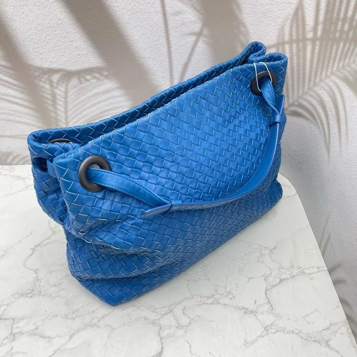 Authentic Bottega Veneta Blue Lamskin Woven Shoulder Handbag For Women