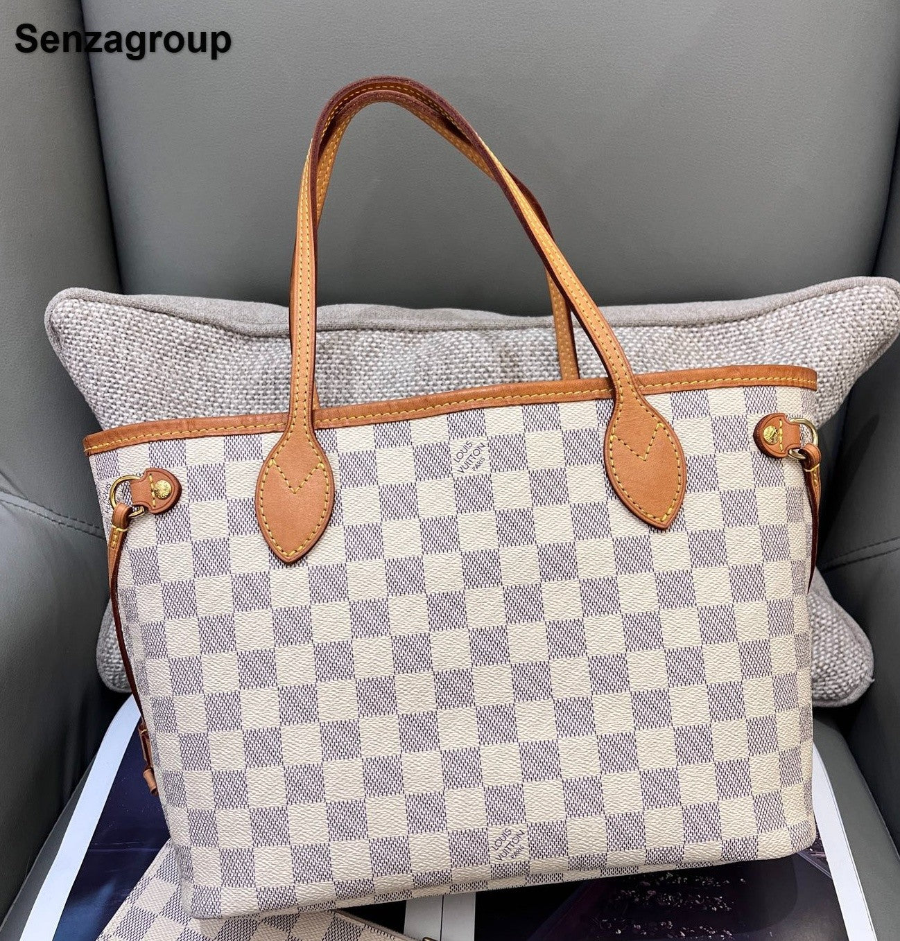 Louis Vuitton Neverfull PM Damier Ebene Shoulder Bag White Gold Women Classic