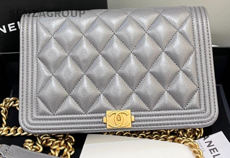 Chanel Leboy WOC Chain Shoulder Bag Gray Gold Used Women Classic Diamond