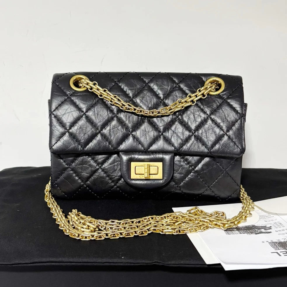 Chanel 2.55 Mini Chain Shoulder Bag Crossbody Black Gold Women Classic Diamond
