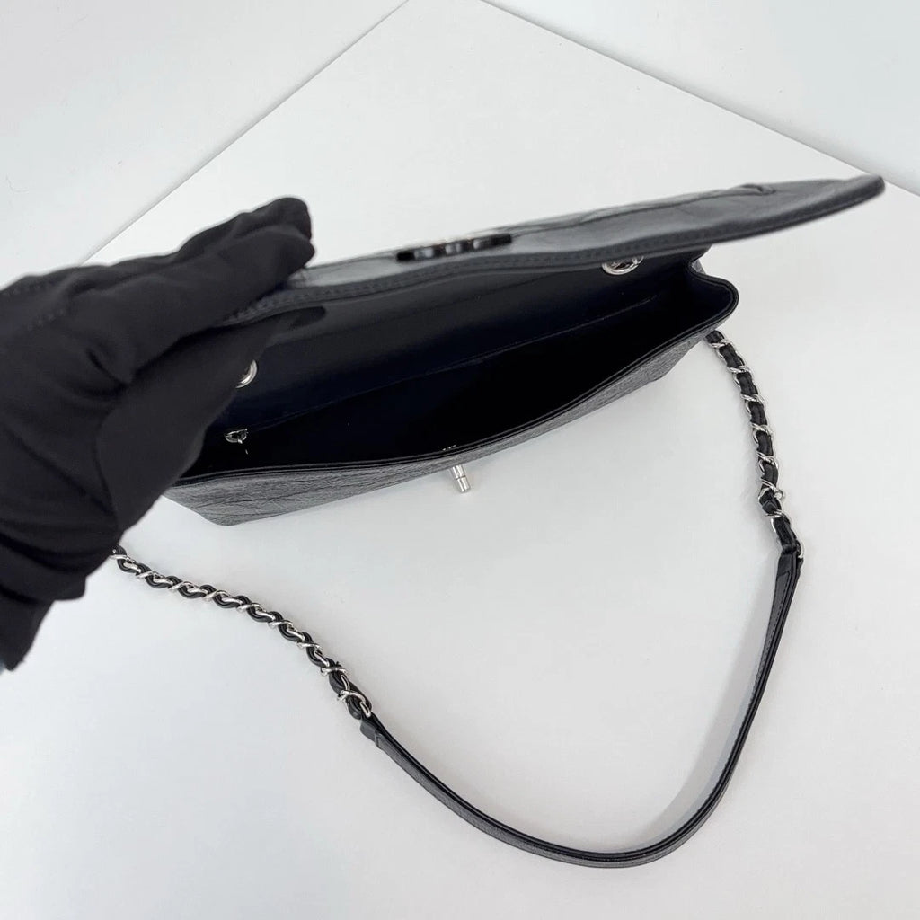 Chanel Water Shine Calfskin Black Silver Crossbody Bag Women Classic