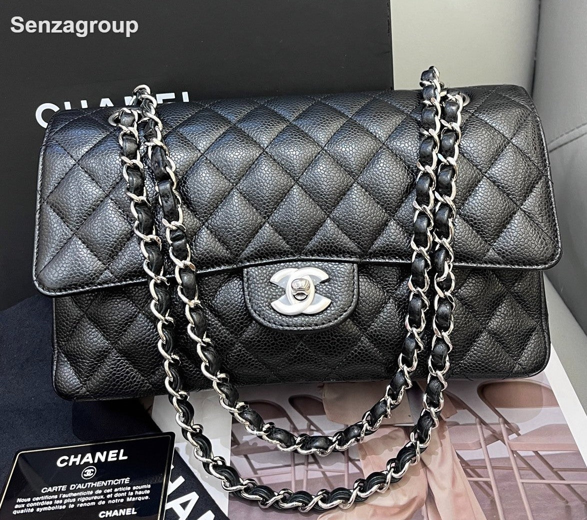 Chanel Classic Flap Chain MM Shoulder Bag Crossbody Black Silver Women Fashion