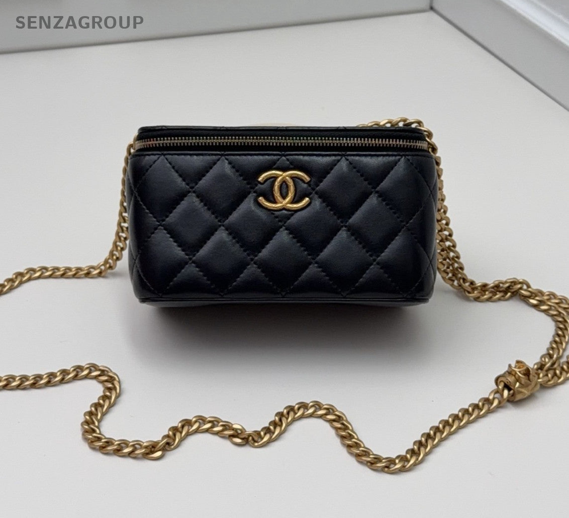 Chanel Vanity Case Lambskin Chain Shoulder Bag Crossbody Black Gold Women