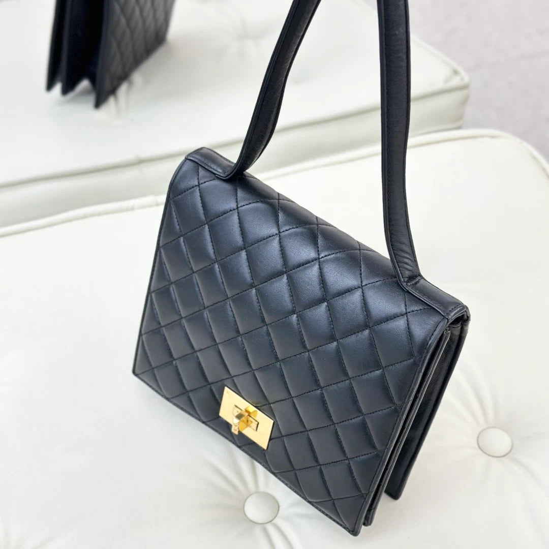 Chanel Vintage Lambskin Diamond Top Handle Bag Black Gold Hardware Women S