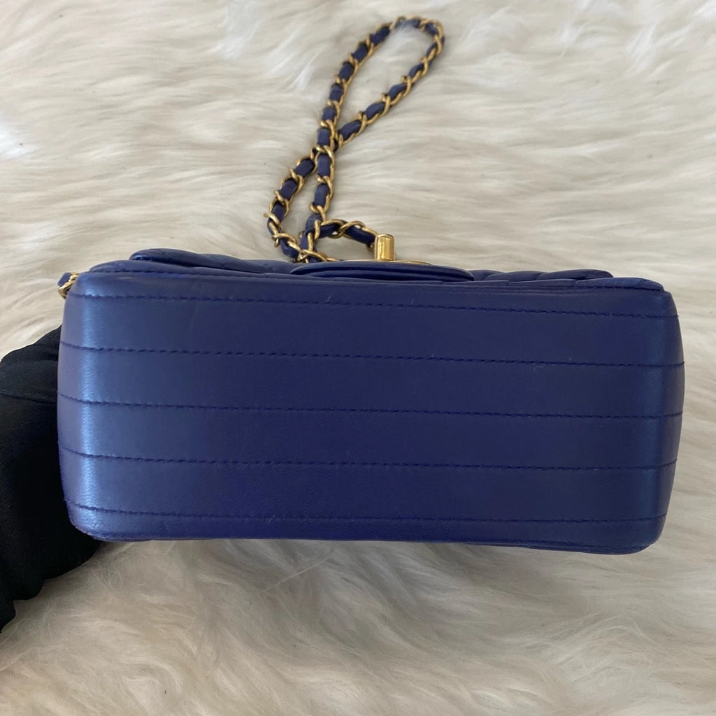 Chanel Classic Flap Blue Gold V-Pattern Chain Shoulder Bag