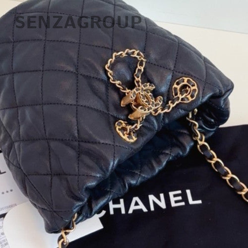 Chanel Diamond Chain Bucket Shoulder Bag Crossbody Black Gold Women Classic